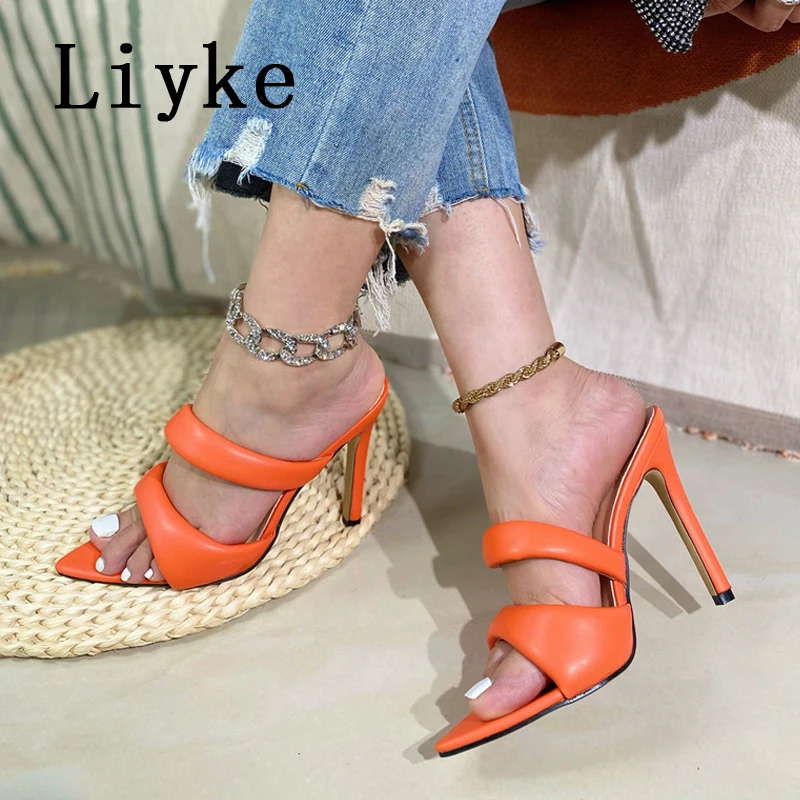 Liyke Sexy High Heels Slipper For Women Summer Cozy PU Leather Narrow Band Pointed Toe Slides Stripper Party Sandal Mule Shoes