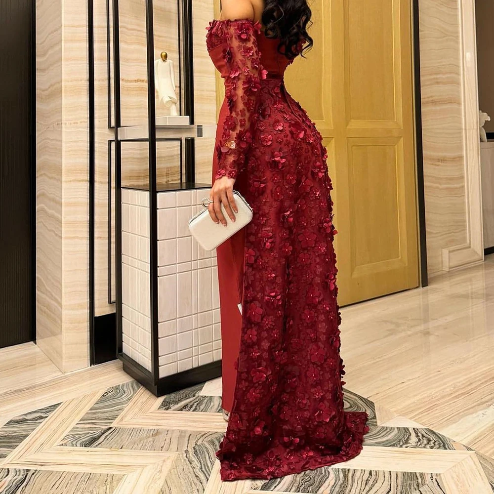 Crystal Flowers Panel Train Straight Floor Length Spratless Temperament Evening Dresses Off the Shoulder Jersey Long Sleeves