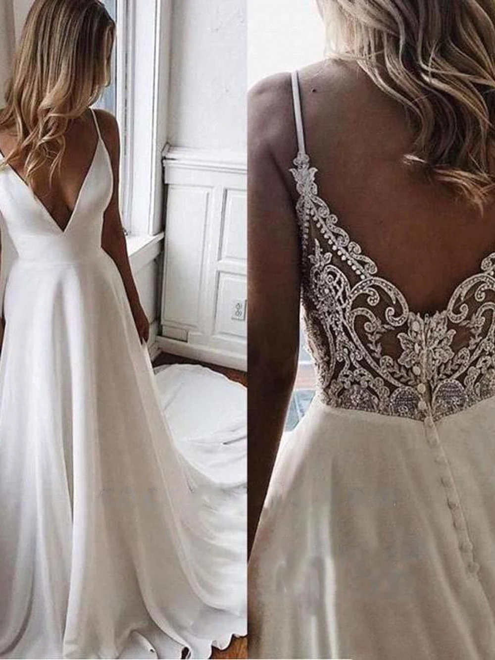 Summer A Line Simple White Wedding Dress V Neck Bridal Party Gown Long Boho Beach Spaghetti Straps Vestido De Noiva Customized