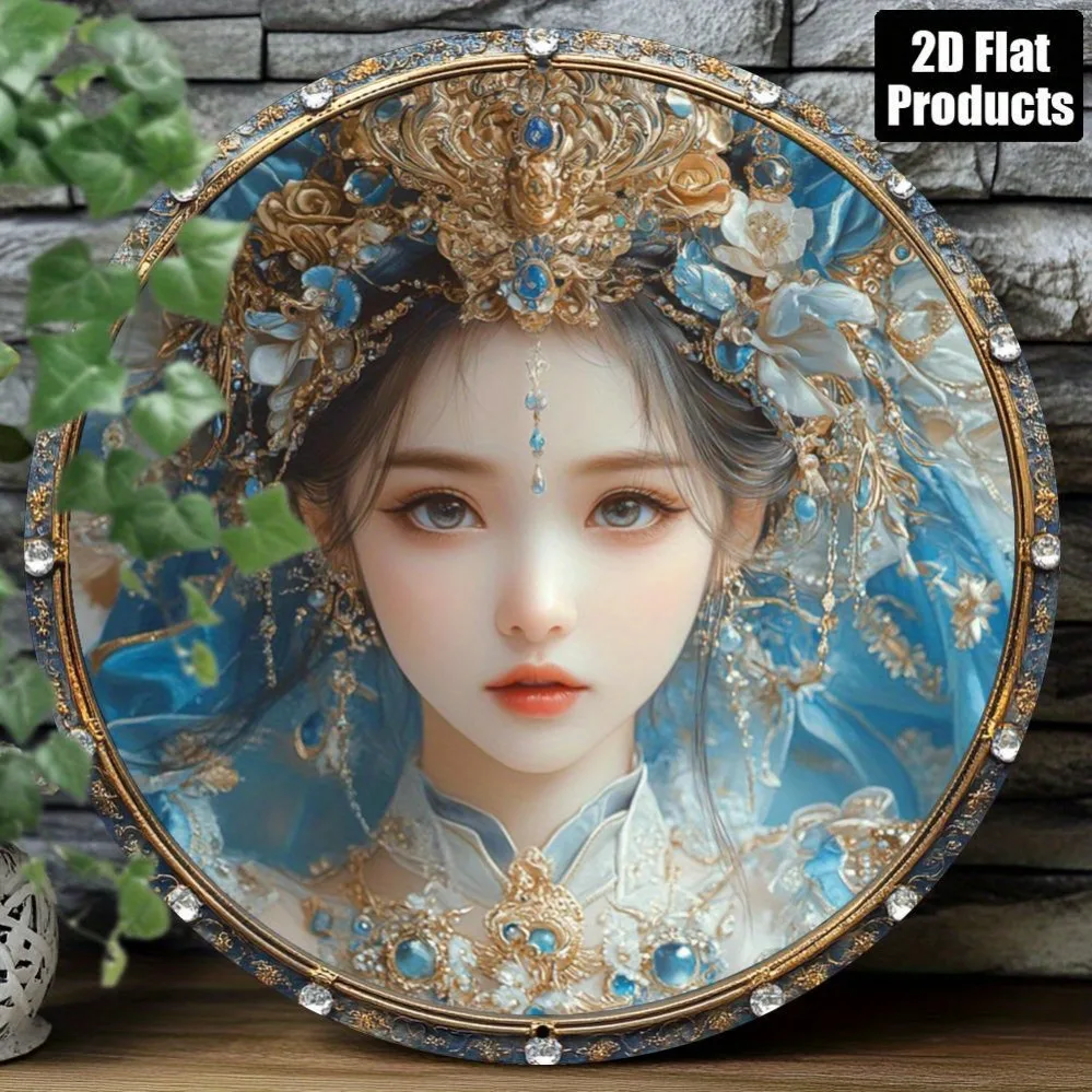 2D Anime Style Female Wall Art 8x8 Inch Round Aluminum Decor Blue Gold Headpiece - Home Kitchen Cafe Room Decoration Holiday Gif