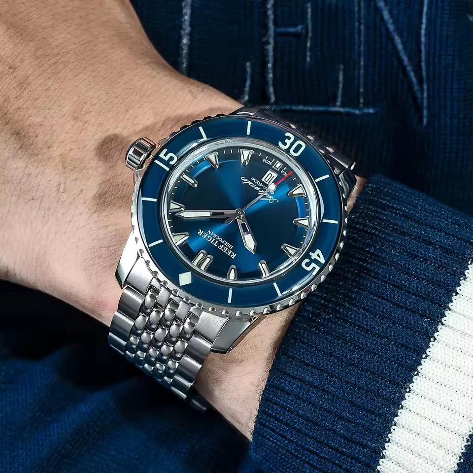 Reef Tiger  Men Automatic Diver Watch Mechanical Steel Bracelet Sapphire Crystal Luminous Waterproof Luxury Sport Watch