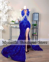 Royal Blue Sequins Rhinestones Prom Dress For Black Girl 2026 Customized Beaded Crystal High Slit Evening Dresses Party Gown