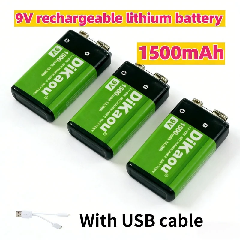 

Rechargeable Lithium Battery 9V 1500mAh USB Charging for Wireless Microphone Remote Control Electric Toys Analog Multimeter