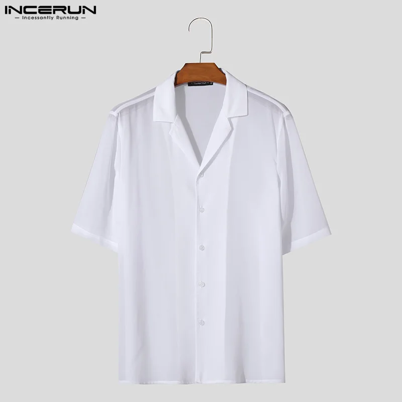 INCERUN Tops 2024 American Style Men\'s Chiffon See-through Thin Shirts Leisure Streetwear Male Short Sleeved Lapel Blouse S-5XL