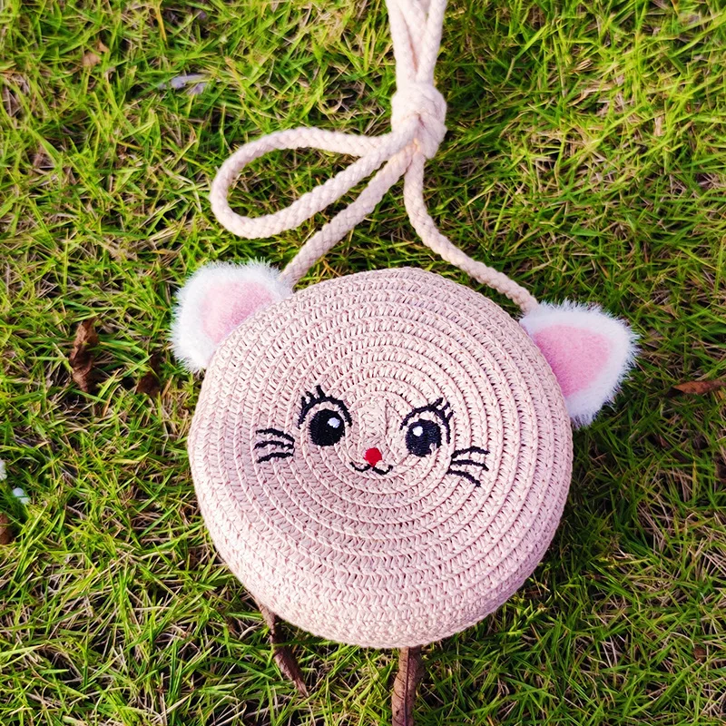 Summer Straw Bag Children\'s Small Shoulder Bags Baby Girls Mini Coin Purses Cute Cat Kids Chest Crossbody Bags Cartoon Straw Hat