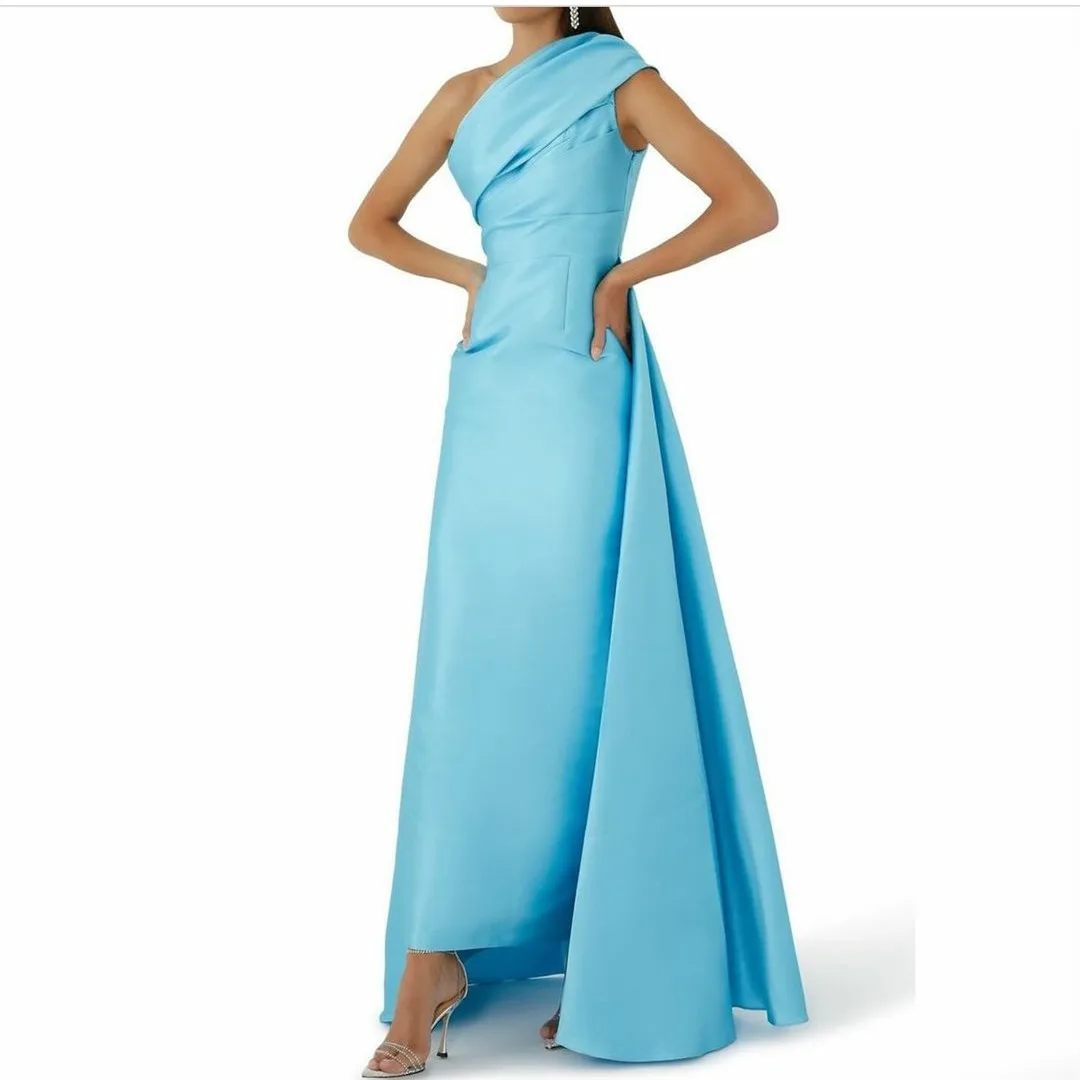 Elegant Arabic Blue One Shoulder Evening Dresses with Slit فساتين سهرة Sheath Long Taffeta Ankle Length Prom Dress for Women