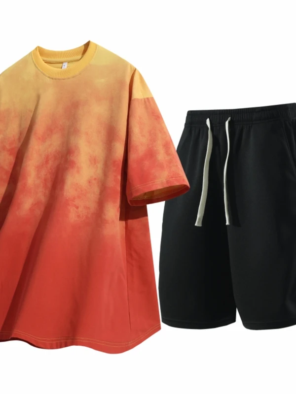 

Летний новый молодежный спортивный комплект из двух предметов: свободная футболка с коротким рукавом и шорты с эффектом тай-дай для мужчин и подростков.