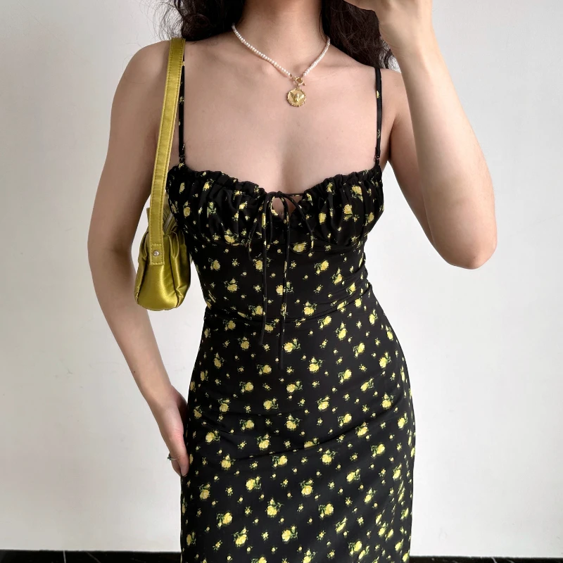 

Dress Polyester Retro Black SexyLace-up Floral Print Strap Sleeveless High Waist A- line Pullover Slim Slimming Mid-LengthSummer