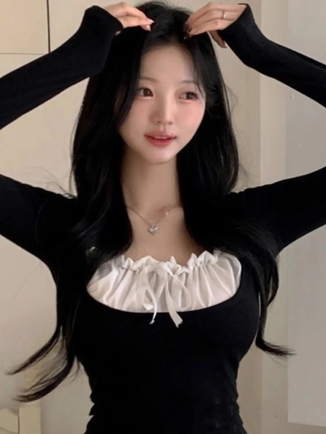 

Autumn T Shirts Sweet Wrinkle Thin Square Collar Top Strap Splicing Slimming Long Sleeve T-shirt Base Top Clothes