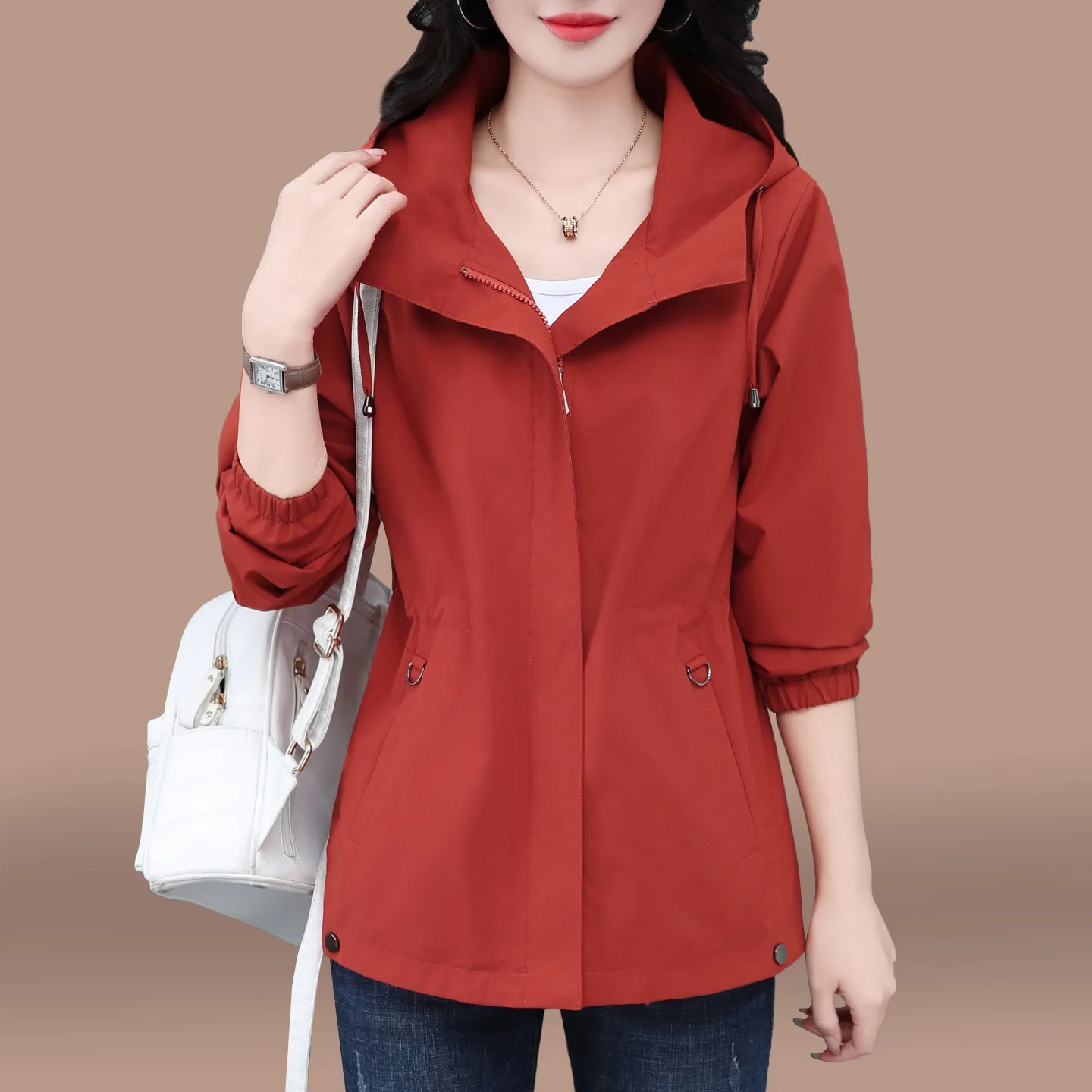 

Trench Coat Women Spring Autumn Coat 2025 New Solid Color Loose Hooded Casual Mid Long Tops Female Windbreakers Gabardina Mujer