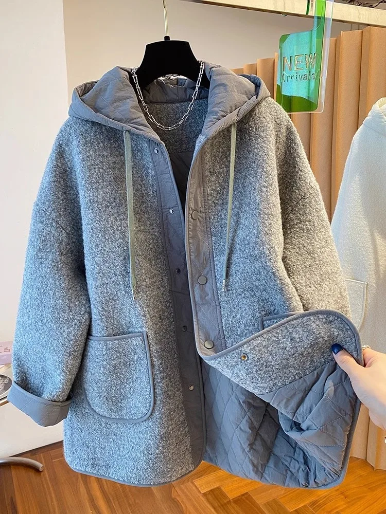 

Korean Sle Loose Dstring Hooded Mid-Length Lamb Fur Jaet Women's Autumn Winter Trendy Versatile Warm Fluffy Cotton Coat