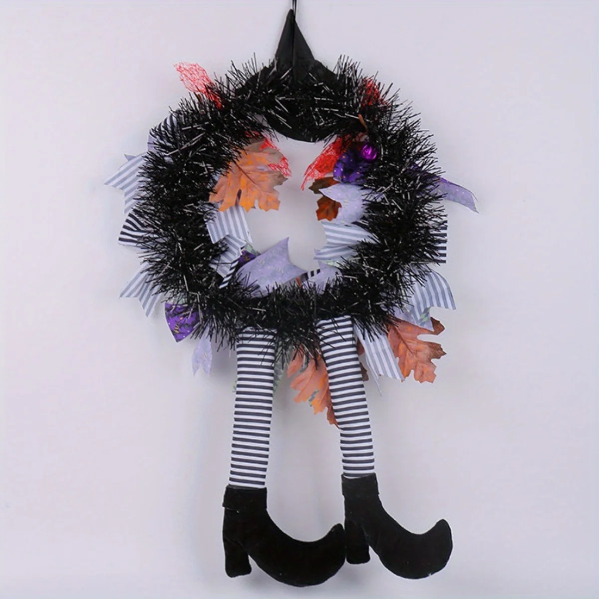 Halloween Wreath for Front Door, 27.55in Halloween Witch Wreath Black Wreath with Hat Witches Legs Pumpkin Halloween Door Wreath