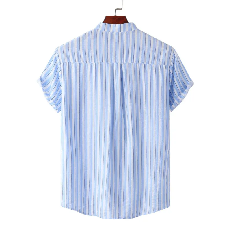 Men's White Blue Striped Shirts For Men Button Down Casual Short Sleeve Shirt Loose Street Fashion Mens Clothing