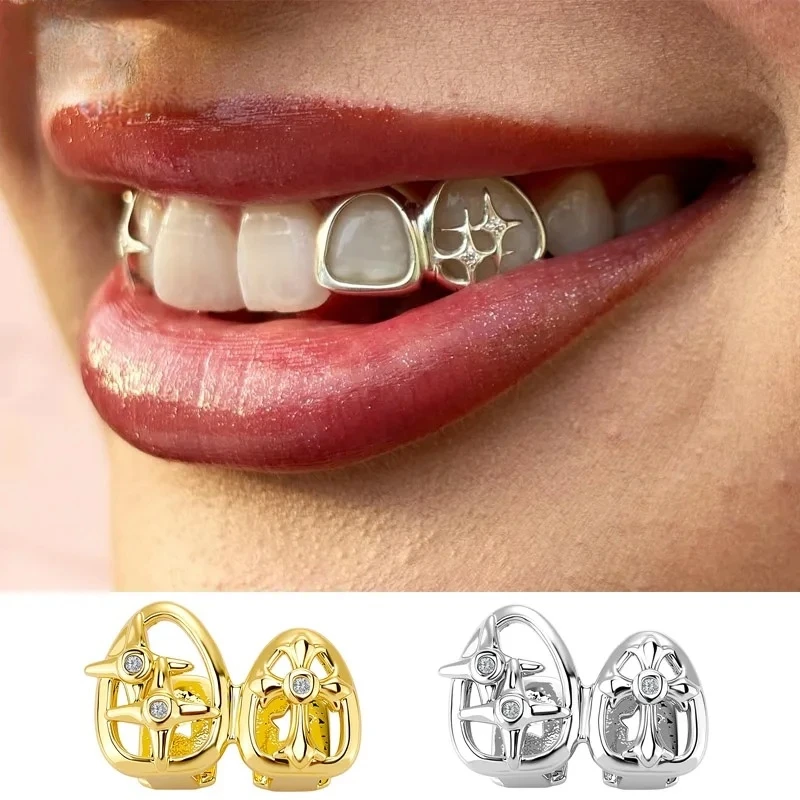 Vintage Punk Hollowed out Cross Grillz Double Tooth Caps Iced out Teeth Grills for Women Men Fashionable Mouth Accessory