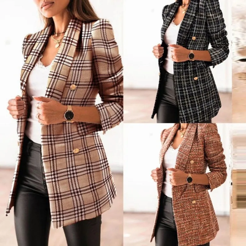 

Women's autumn and winter long-sleeved double-breasted suit collar printed tweed thick small coat