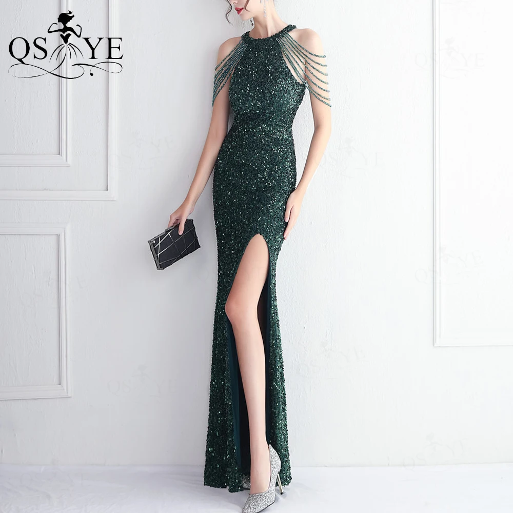 

Halter Neck Emerald Green Prom Dresses Beadings Shoulder Straps Sequined Evening Gown Sexy Split Glitter Women Prom Gown Chic