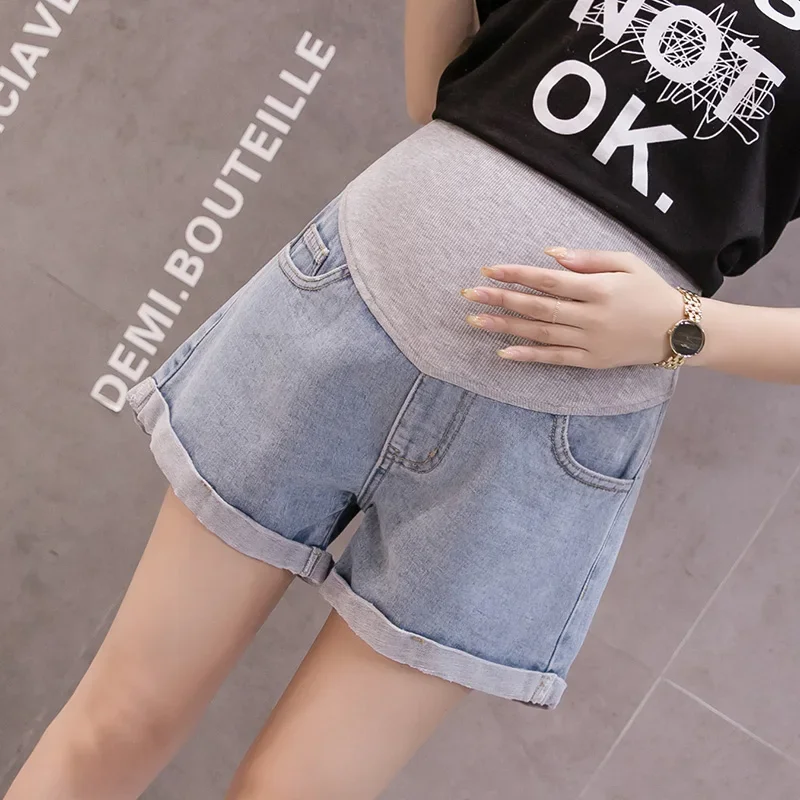 High Waist Over Belly Maternity Denim Shorts Stretch Roll Cuff Ripped Summer Casual Pregnancy Wear for Pregnant Women