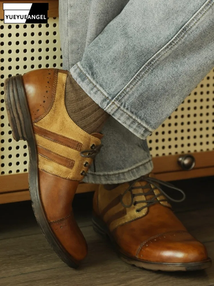 

Мужские модельные туфли на платформе со шнуровкой и круглым носком в стиле ретро, однотонные туфли из натуральной кожи, износостойкая обувь на низком каблуке