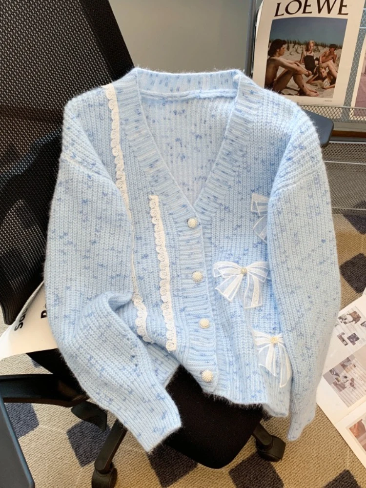 

Korobov French Style Sweet Long Sleeve Single Breasted V Neck Loose Lace Bow Knitted Cardigan