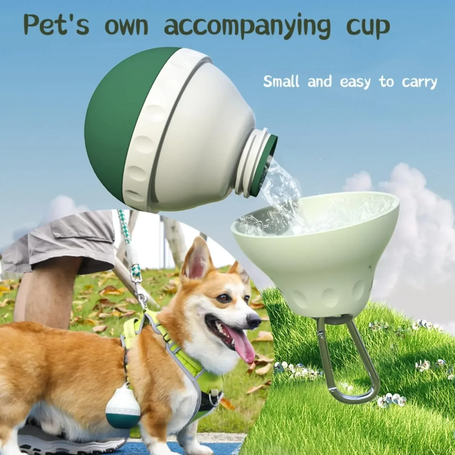 A small dog with a separate water bottle for Puppy Travel, leak-proof, portable feeding machine, walking hiking trips