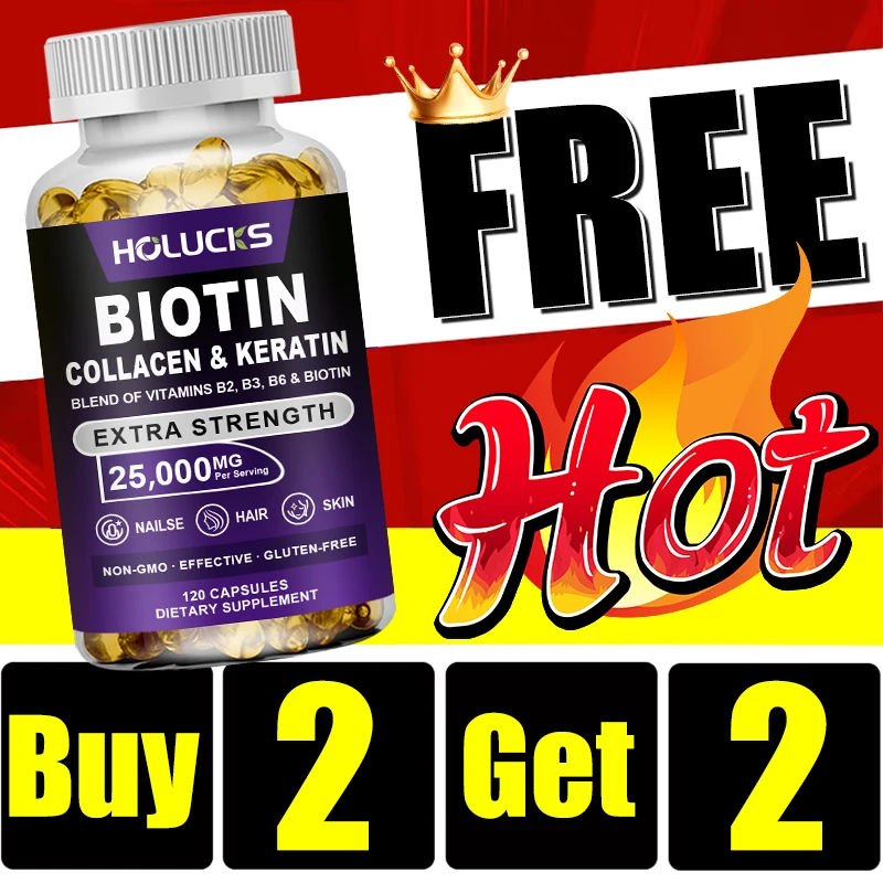 

Купи 2, получи 2 бесплатно! Усовершенствованная добавка с биотином, коллагеном и кератином для крепких волос, сияющей кожи и быстрого роста ногтей, без ГМО