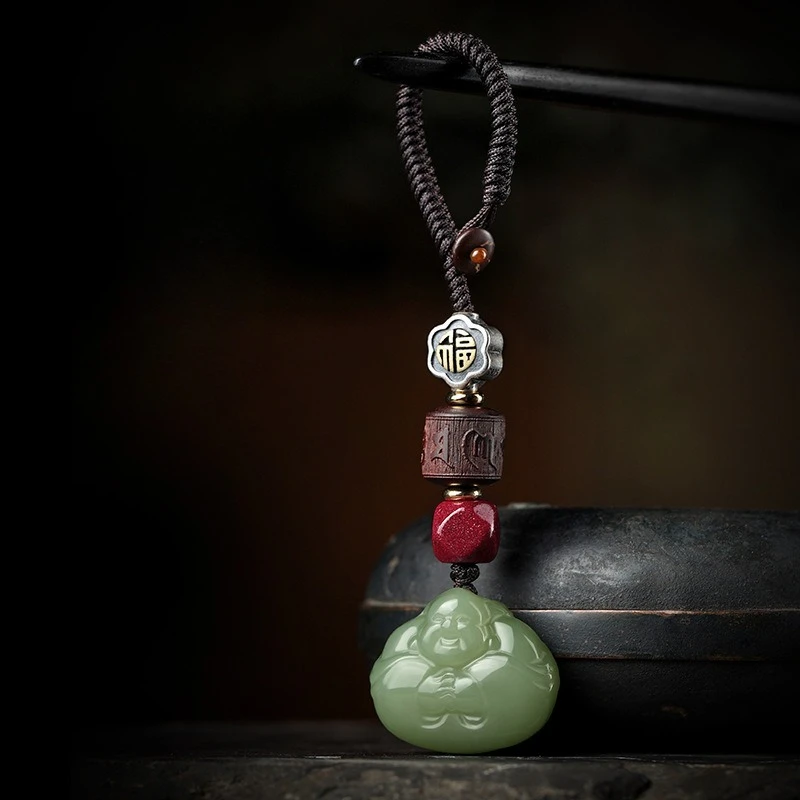 

Hetian Jade Maitreya Buddha Car Keychain Silver Fortune Jade Pendant Laughing Buddha Charm for Men and Women Gifts