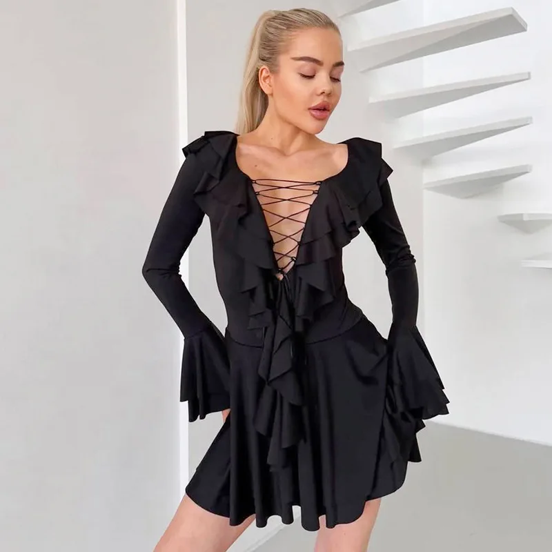 

Tornova Ruffled Short Dress For Women Deep V Neck Lace Up Sexy Dress 2025 New Lady Flare Sleeve Slim A-line Dress Elegant Solid