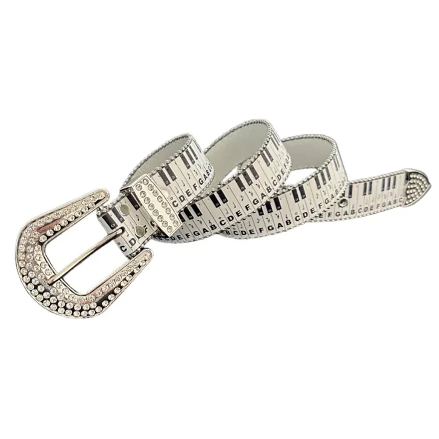 Belt White Pu Belt With Piano Keyboard Print Rhinestone Pin Buckle Y2K Waist Belt Unisex Decor Belt For Jeans Street Trendy Acce