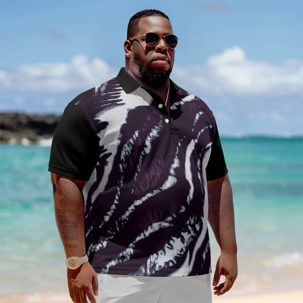 

1 men's plus size polo shirt with summer purple and white wave print casual lapel button suitable for shopping and golf