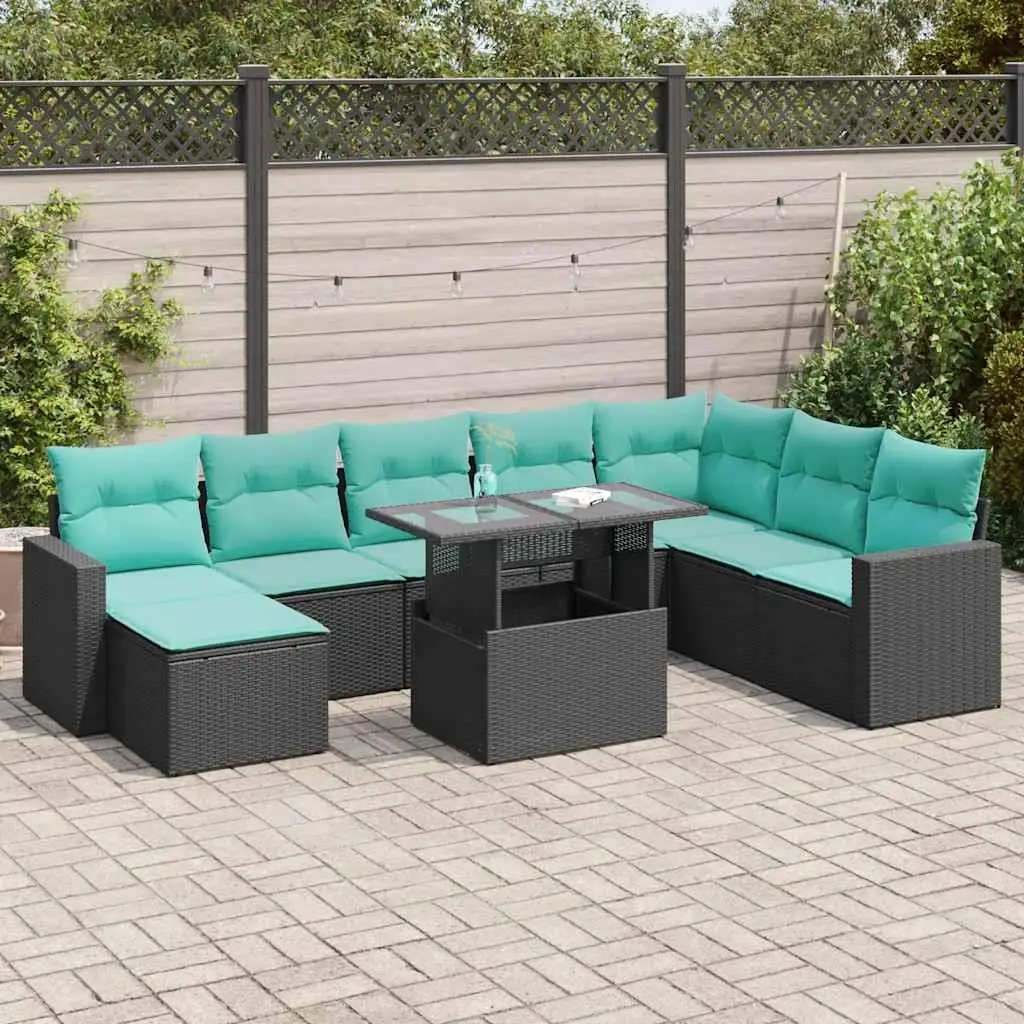 

9 Piece Outdoor Patio Sofa Set Black Rattan Cushions Acacia Wood Furniture Garden Lounge Seating