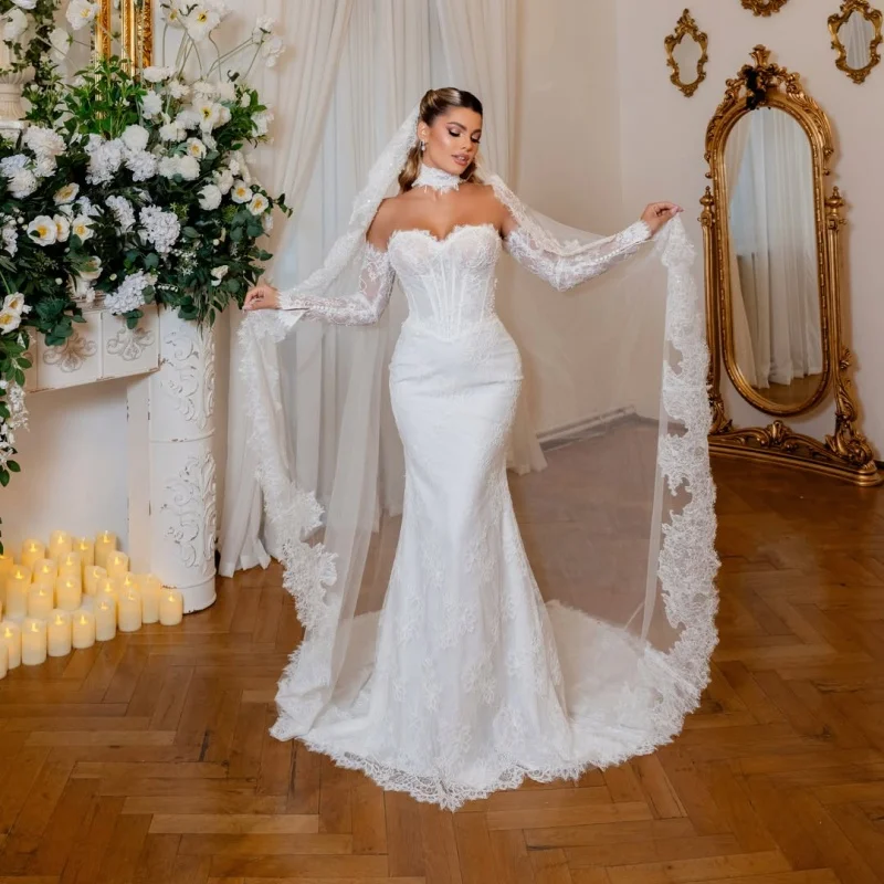 Lace White Wedding Dresses Glitter Beadwork Decal Skirt Long Tail Mermaid Skirt Layered Made Wedding Dress Bridal Gown Customize