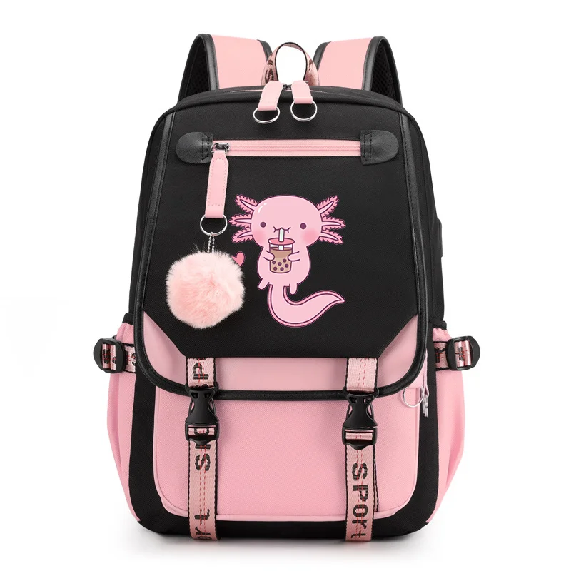 

Cute Axolotl Cartoon Pattern Backpack Teen Casual Outdoor Street USB Backpack Anime Axolotl Backpacks