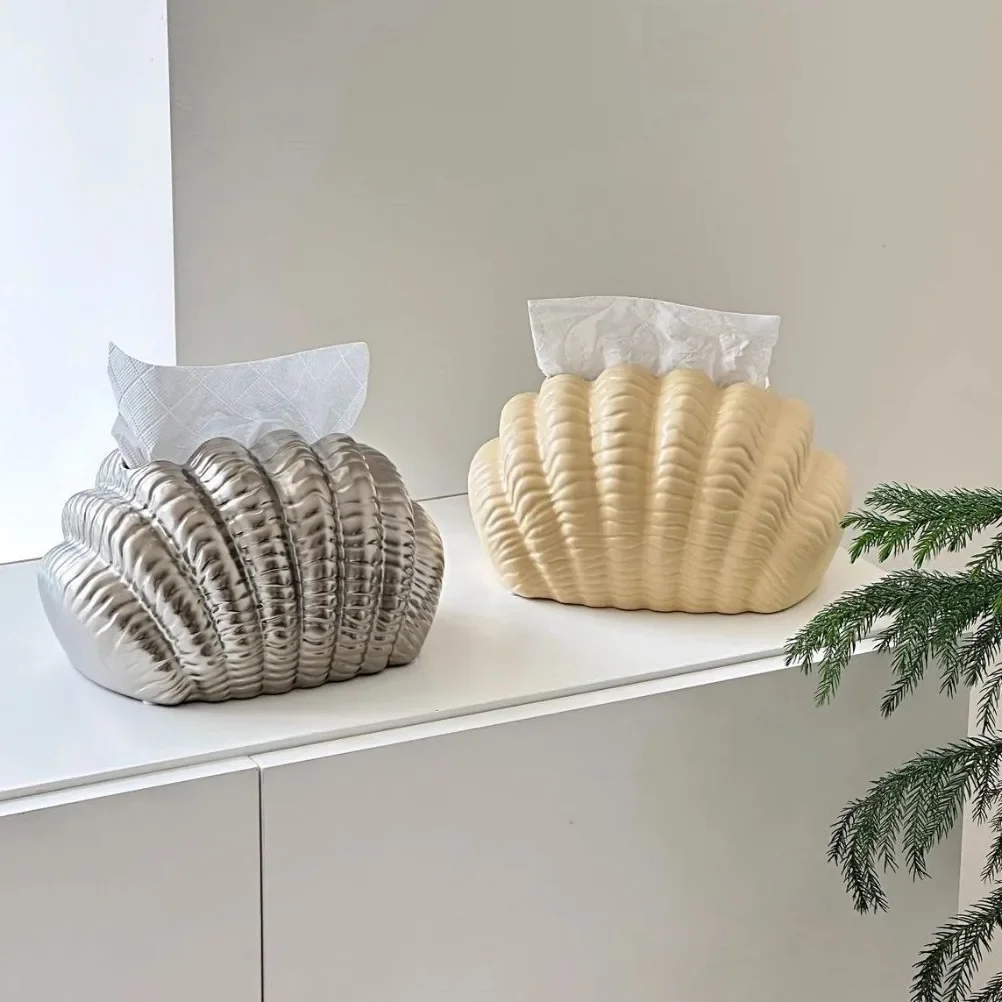 Cream Ceramic Tissue Box Living Room Desktop Shell Tissue Case Dining Table Tissue Case Household Tissues Storage Box Decoration