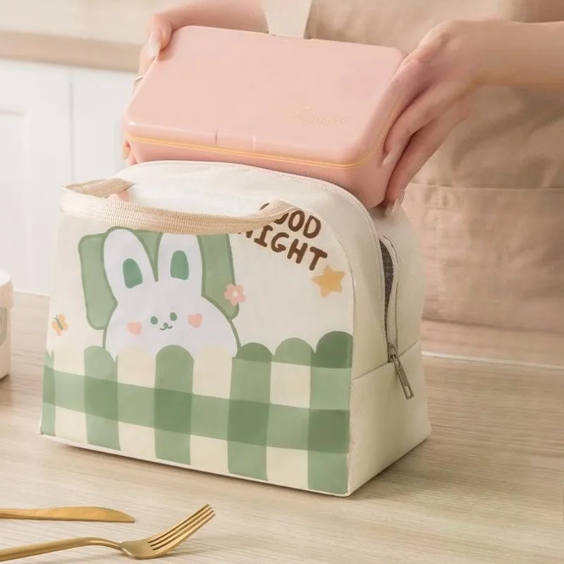 Cartoon Bunny Checkered Lunch Tote Bag Portable Food Container with Reusable Fresh Snack Pouch for Office School Kindergarten
