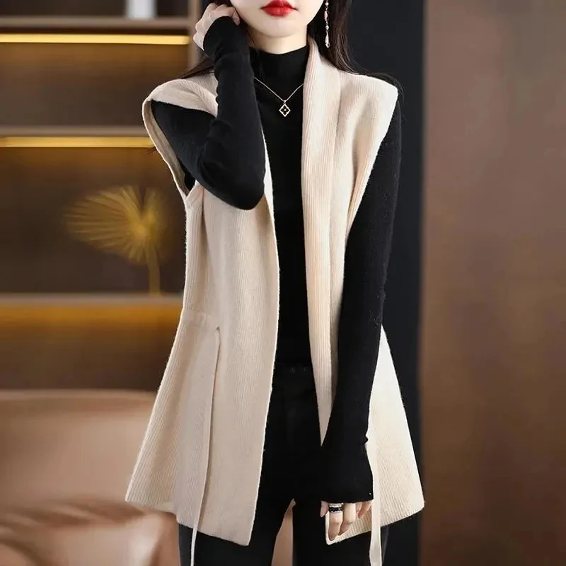 2023 New Autumn Winter Fashion V-Neck Knitt Vest Jacket Women Mid Long Loose Sleeveless Waistcoat Cardigan Waist Coat Female