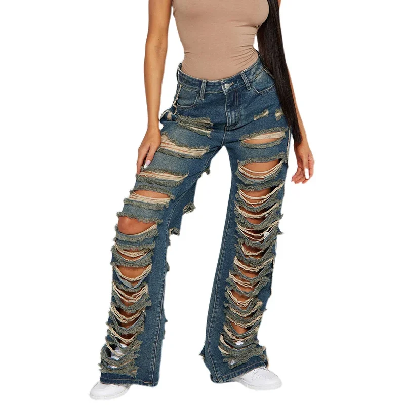 

Street Trend Women Ripped Broken Holes Flared Jeans Summer Fashion Casual Denim Trousers Female High Waist Loose Wide Leg Pants