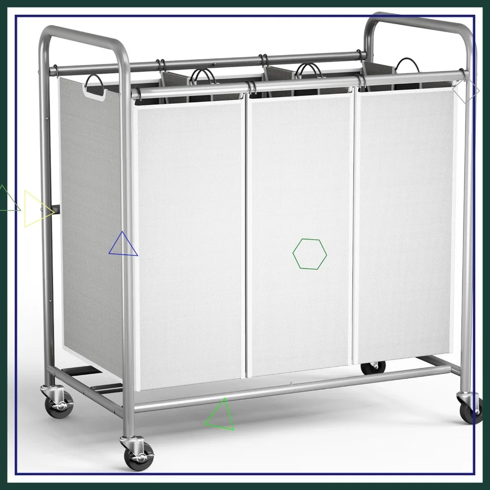 

Трехсекционная корзина для белья на колесиках с блокирующимися колесами и съемными мешками, 130 л, нейтральный серый, для домашнего использования