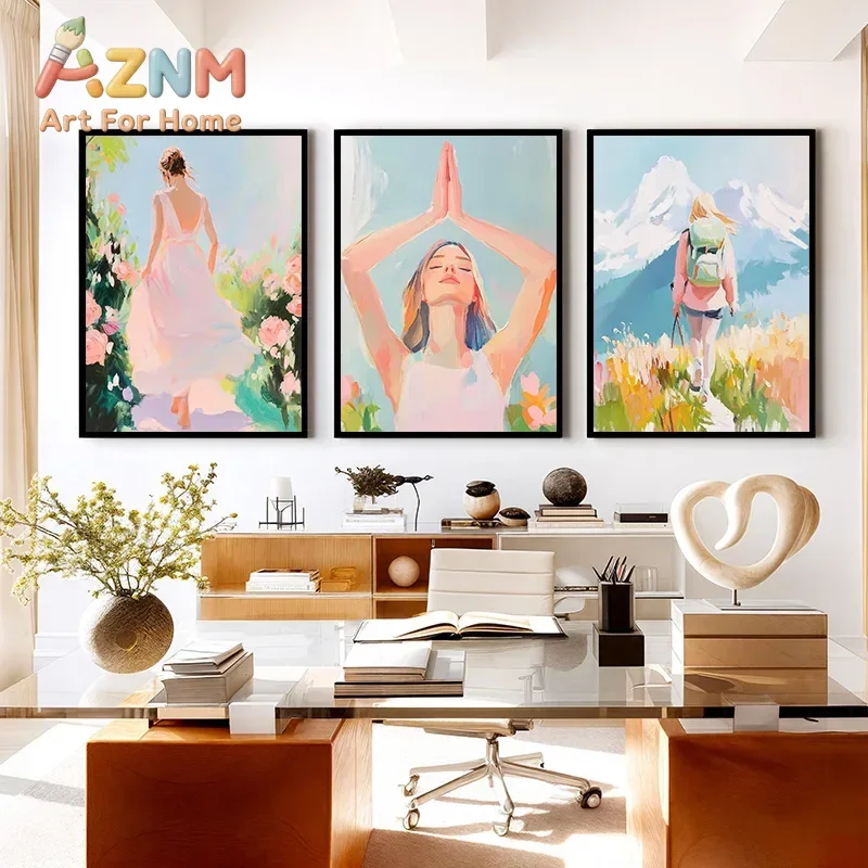 Leisure Soft And Lazy Pink Women With Natural Plant Landscape Art Posters Canvas Printing Home Living Room Wall Decor Painting