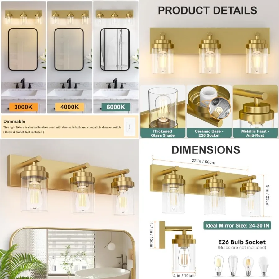 

Bathroom Vanity Light Fixture, 22 Inch Gold Bathroom Light Fixtures Over Mirror, with Clear Glass Shade, Modern Farmhouse Vanit