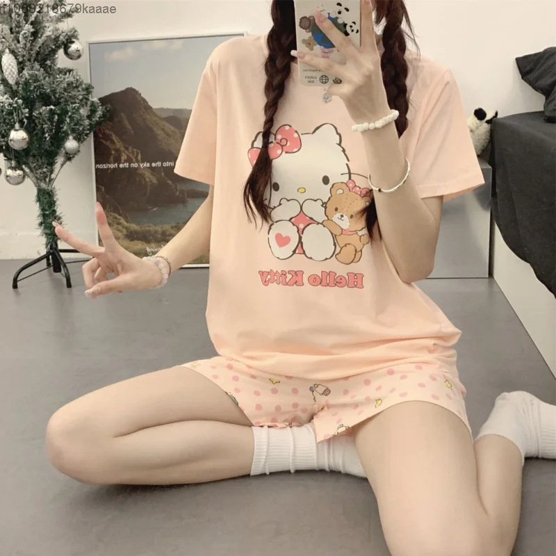 Sanrio Hello Kitty Cotton Home Clothes Cute Women Short Sleeve T-shirts Loose Shorts Summer Pajamas 2 Piece Set Y2k Sleepwear