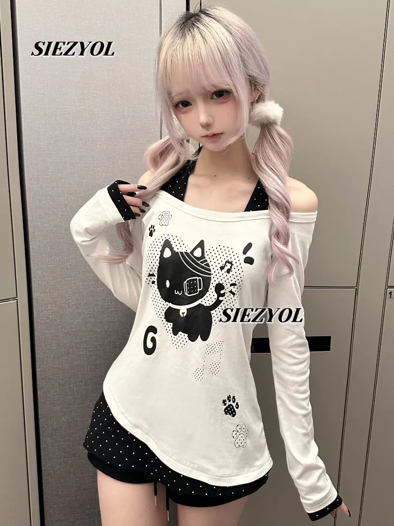 Original Printed Long-sleeved Off-the-shoulder T-shirt Cute Female Tops Slim and Thin Straps Fake Two-piece Versatile T Shirt