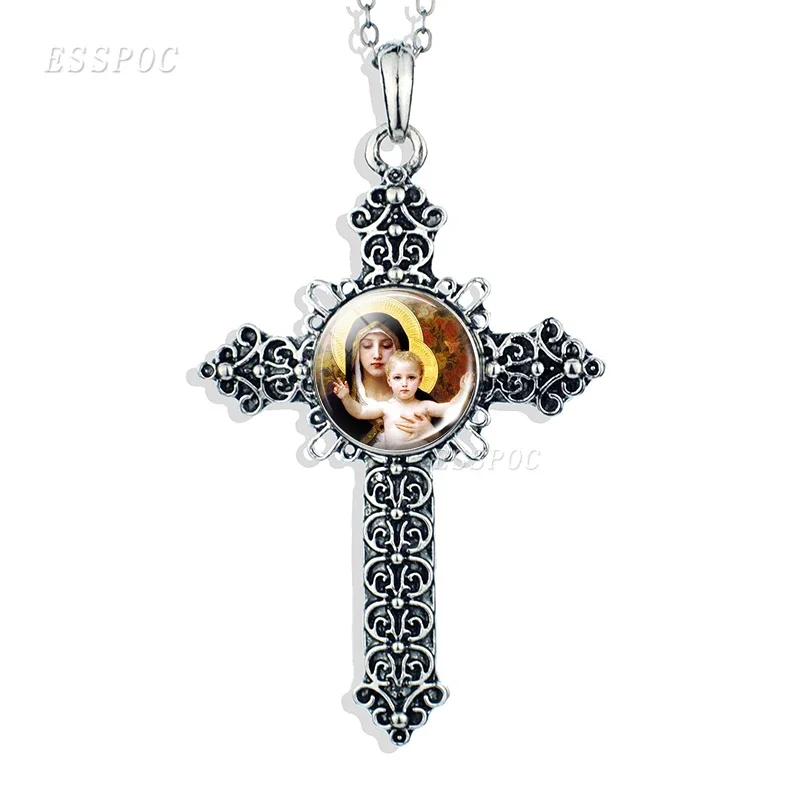 Son of God Jesus Cross Necklace Glass Cabochon Jewelry Angel Christian Virgin Mary Paw Prints Pendant Women Gifts