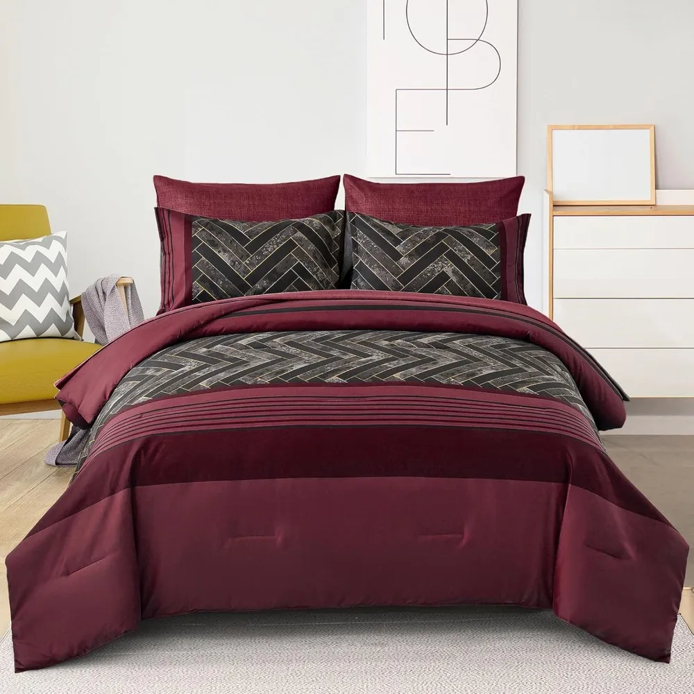

Comforter Set Queen Size 7 Pieces Red and Black Stripe Bed in a Bag Geometric Comforter and Sheet Set, Duvet Cover Sets