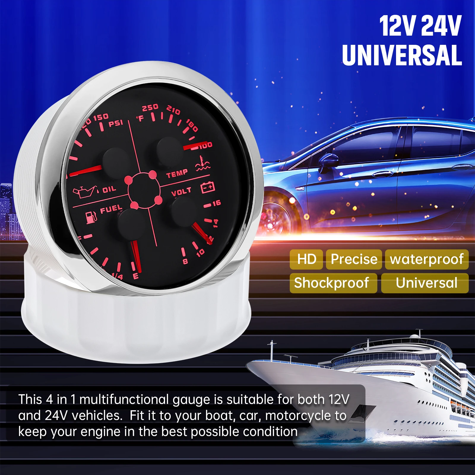 7 Color Backlight 4 in 1 Gauge Oil Pressure Water Temperature Fuel Voltmeter Oil Press Gauge NPT 1/8 Sensor For Car Boat Marine
