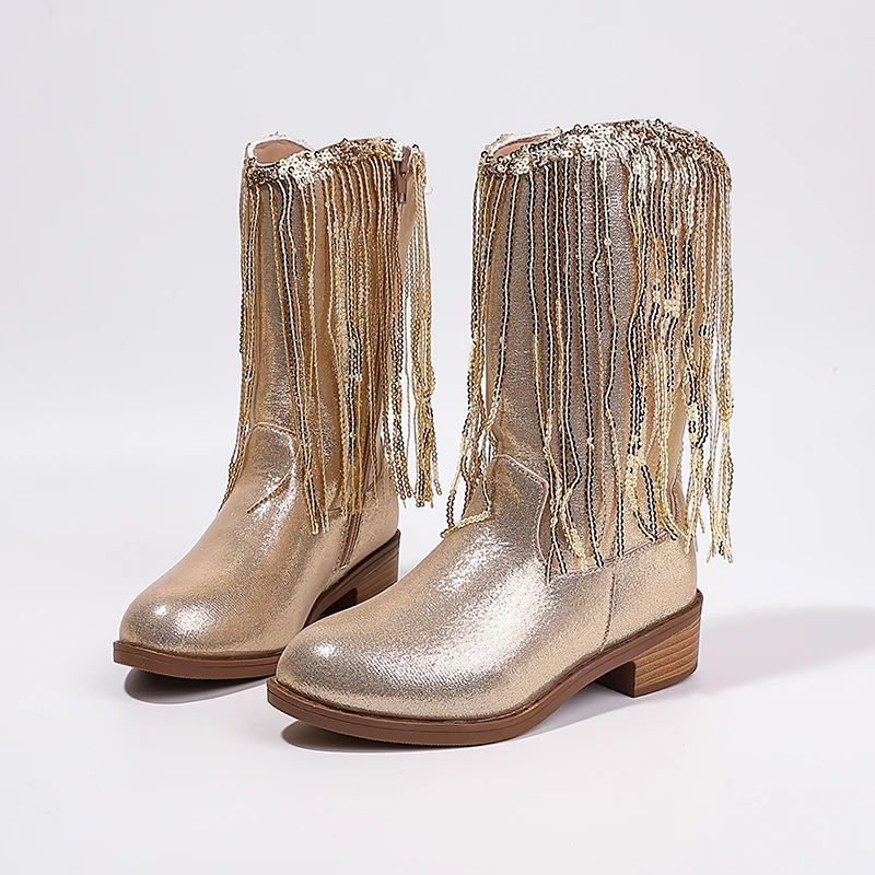 

Girls Western Cowgirl Boots Fall Winter 2026 kid's Gold & Silver V-Cut Boots children's Fringe Block Heel Mid-Calf Boots