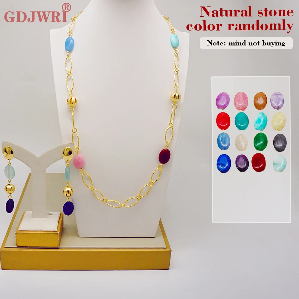 Fashion Boho Jewelry Set Natural Stones Gem Pendant For Women Bohemia Unique Long Necklace Earrings Gift (Color Randomly)