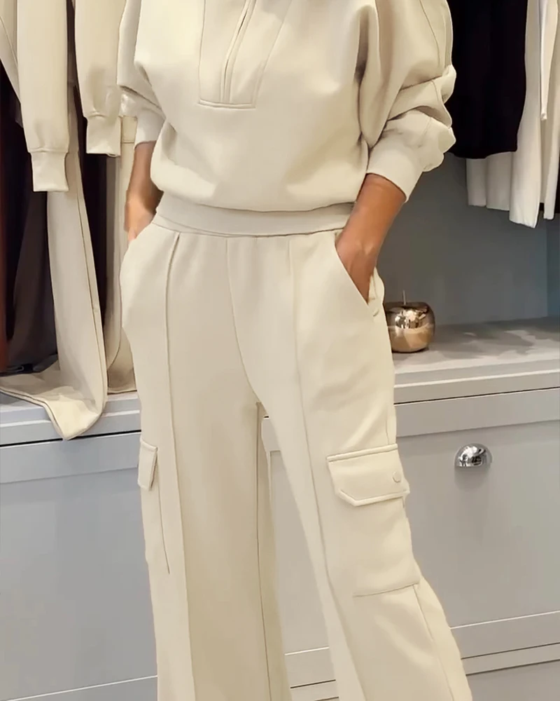 

Women's 2 Pieces Outfit New Fashion Female Long Sleeve Zipper Front High Neck Pullover Top & Casual Pocket Design Pants Set
