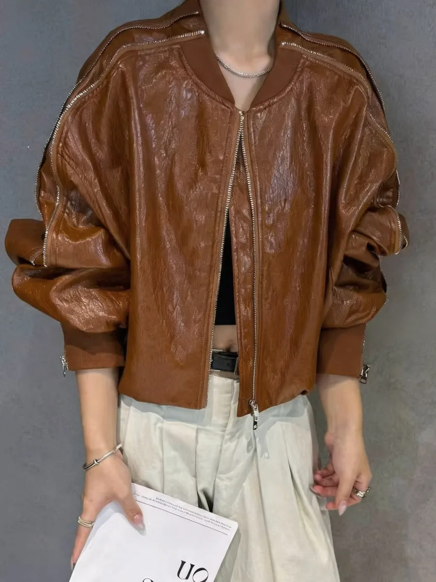 DFDG Women 2026 Autumn Baseball Collar Multi Zippers Cropped Faux Leather Jacket Loose Oversized Street Fashion Outerwear Coat