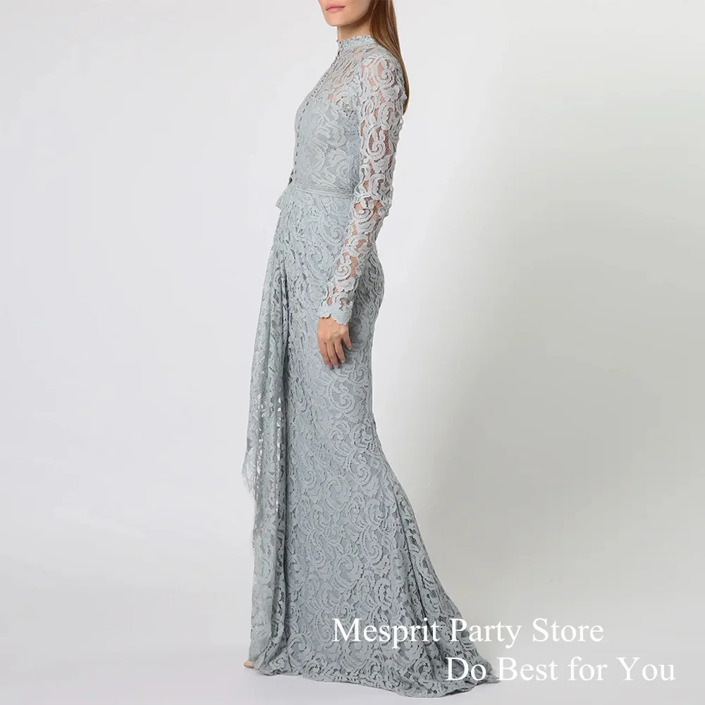 Vintage Lace Mermaid Prom Dress Customized High Neck Long Sleeve Zipper Floor Length Slit Evening Party Gown فساتين حفلة موسي