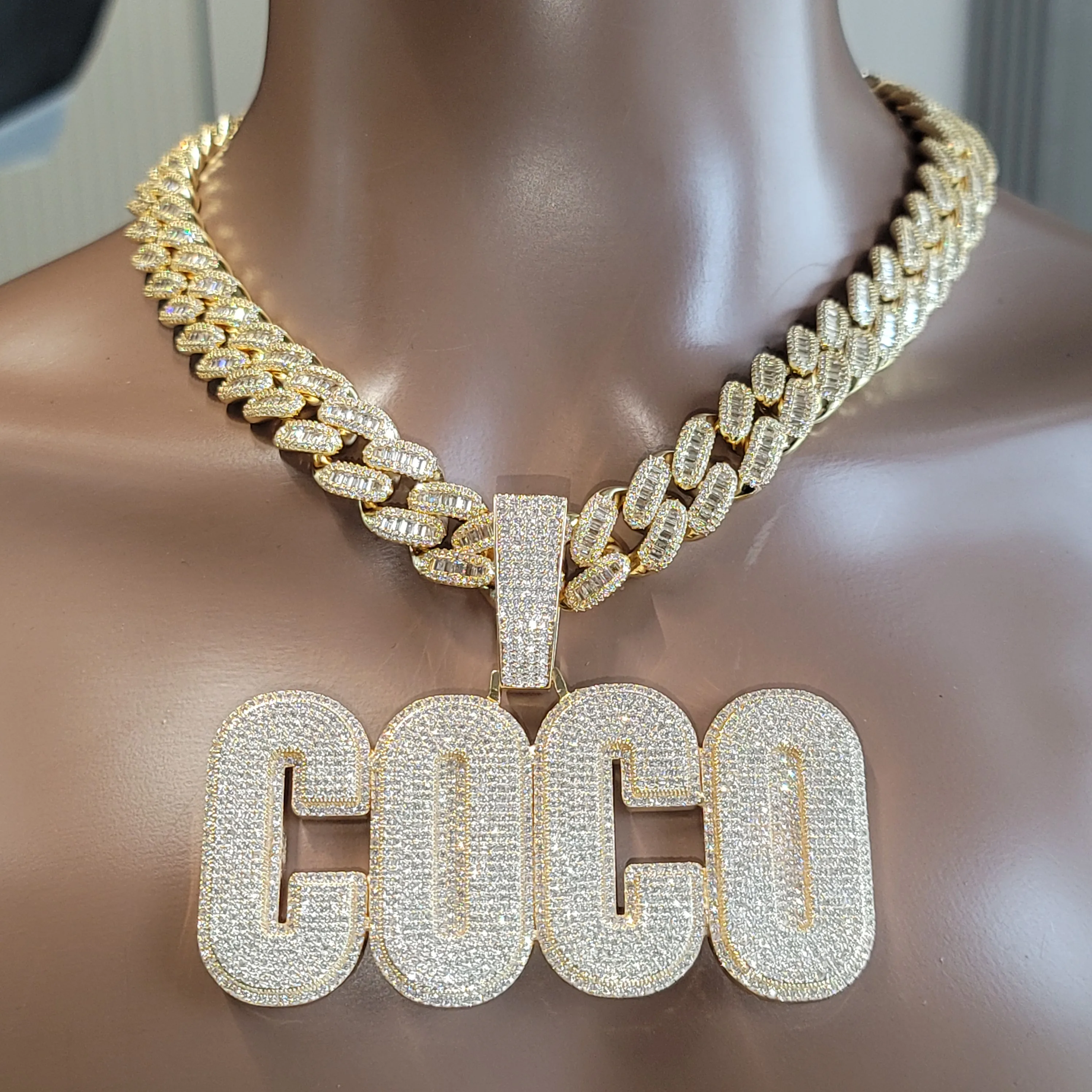مخصص كامل الماس قلادة بحرف مع Baguettecz الكوبية سلسلة مثلج خارج اسم قلادة مزدوجة اللون الهيب هوب مجوهرات هدية له